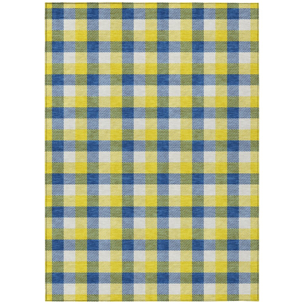 9' X 12' Yellow Blue And Beige Plaid Washable Indoor Outdoor Area Rug