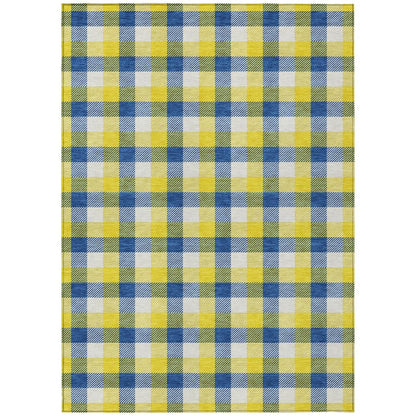 9' X 12' Yellow Blue And Beige Plaid Washable Indoor Outdoor Area Rug