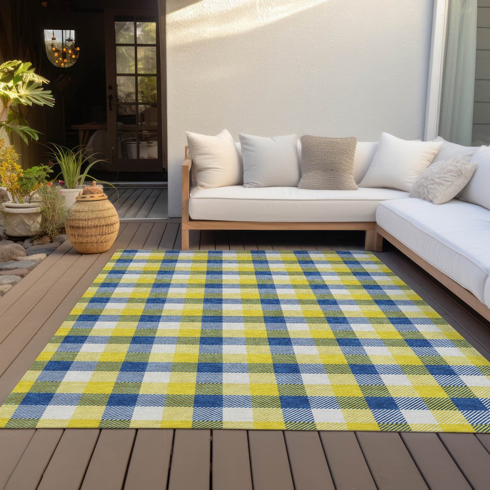 9' X 12' Yellow Blue And Beige Plaid Washable Indoor Outdoor Area Rug