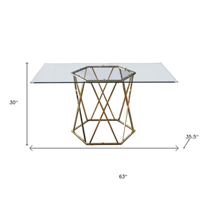63" Clear and Gold Glass and Metal Geo Pedestal Base Dining Table