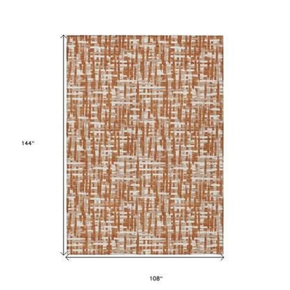 9' X 12' Terra Cotta Tan And Ivory Abstract Washable Indoor Outdoor Area Rug