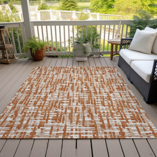9' X 12' Terra Cotta Tan And Ivory Abstract Washable Indoor Outdoor Area Rug
