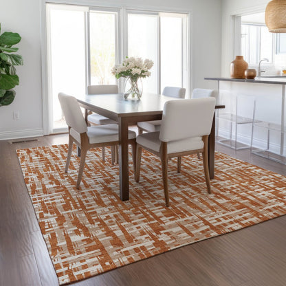 9' X 12' Terra Cotta Tan And Ivory Abstract Washable Indoor Outdoor Area Rug
