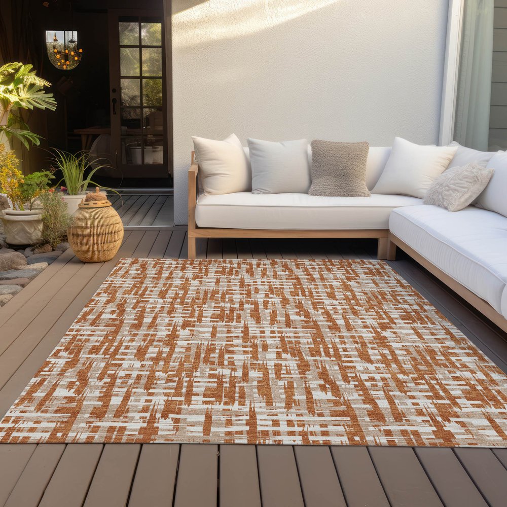 9' X 12' Terra Cotta Tan And Ivory Abstract Washable Indoor Outdoor Area Rug