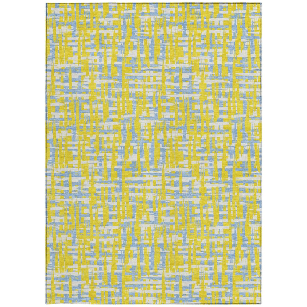 9' X 12' Yellow Denim Blue And Beige Abstract Washable Indoor Outdoor Area Rug