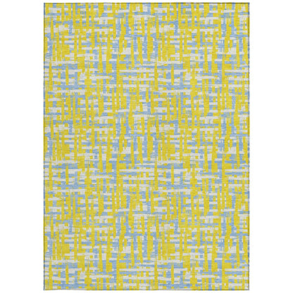 9' X 12' Yellow Denim Blue And Beige Abstract Washable Indoor Outdoor Area Rug