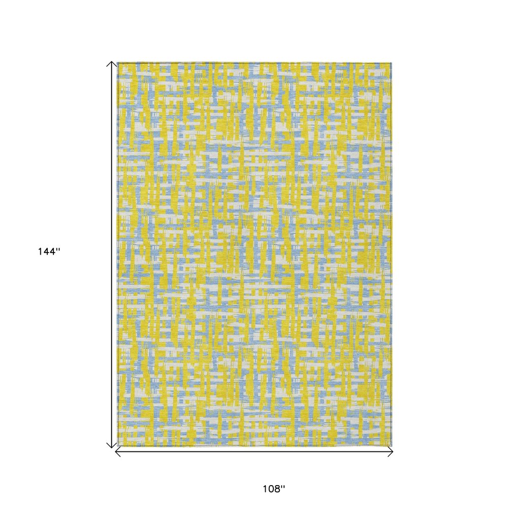 9' X 12' Yellow Denim Blue And Beige Abstract Washable Indoor Outdoor Area Rug