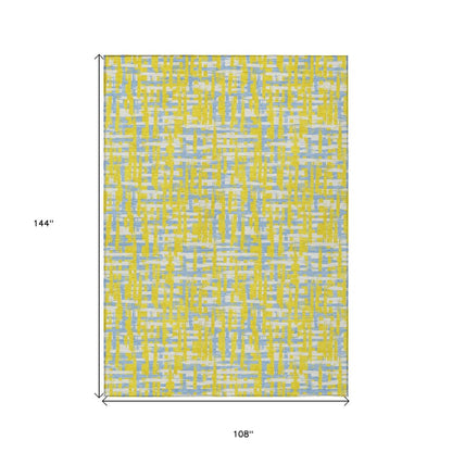 9' X 12' Yellow Denim Blue And Beige Abstract Washable Indoor Outdoor Area Rug