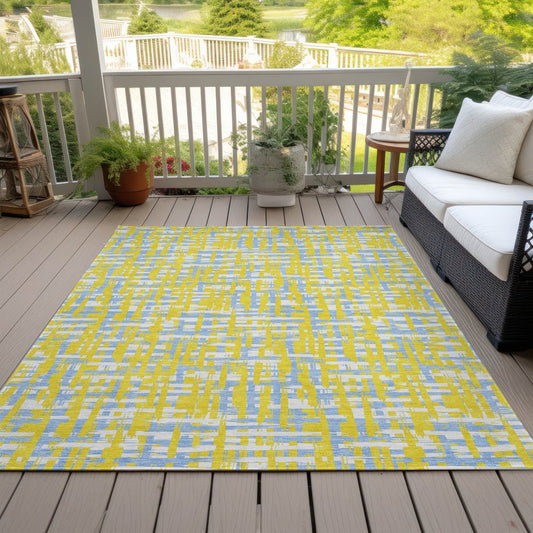 9' X 12' Yellow Denim Blue And Beige Abstract Washable Indoor Outdoor Area Rug