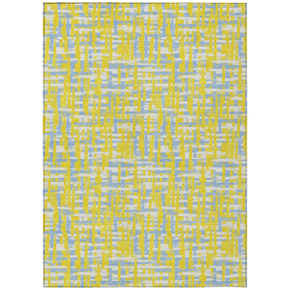 9' X 12' Yellow Denim Blue And Beige Abstract Washable Indoor Outdoor Area Rug