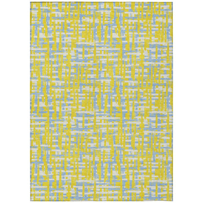 9' X 12' Yellow Denim Blue And Beige Abstract Washable Indoor Outdoor Area Rug