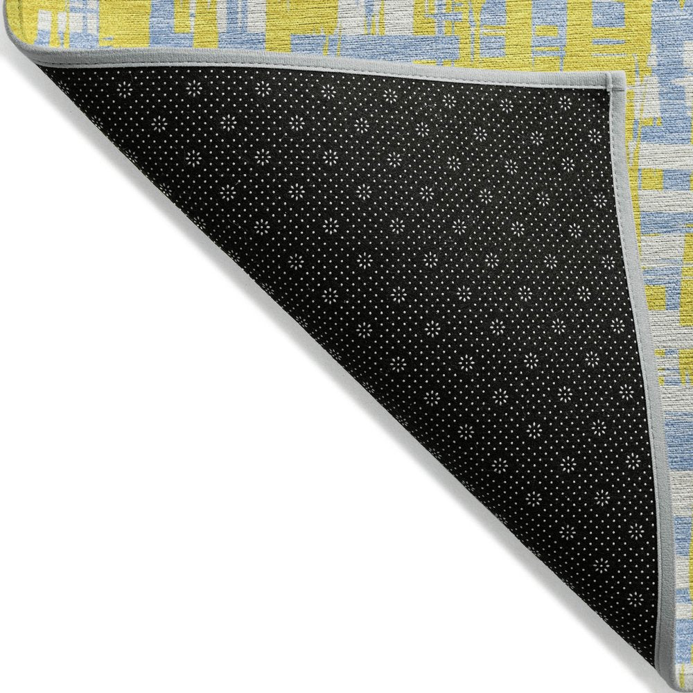 9' X 12' Yellow Denim Blue And Beige Abstract Washable Indoor Outdoor Area Rug