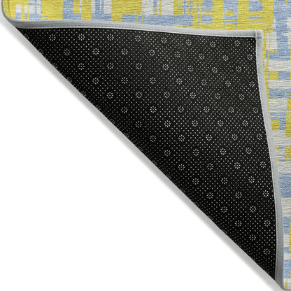 9' X 12' Yellow Denim Blue And Beige Abstract Washable Indoor Outdoor Area Rug