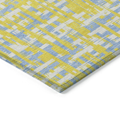 9' X 12' Yellow Denim Blue And Beige Abstract Washable Indoor Outdoor Area Rug