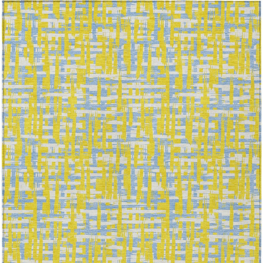 9' X 12' Yellow Denim Blue And Beige Abstract Washable Indoor Outdoor Area Rug