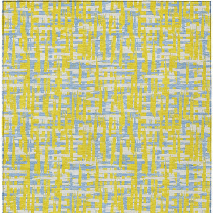 9' X 12' Yellow Denim Blue And Beige Abstract Washable Indoor Outdoor Area Rug