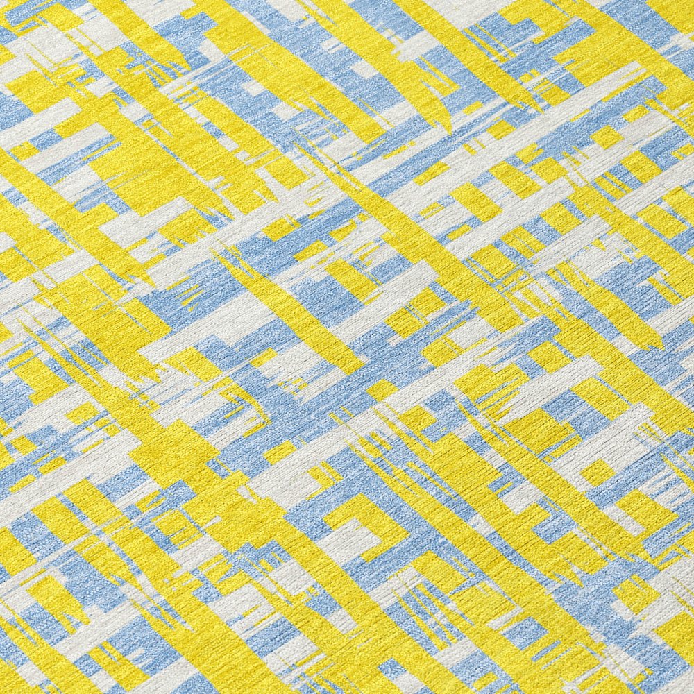 9' X 12' Yellow Denim Blue And Beige Abstract Washable Indoor Outdoor Area Rug