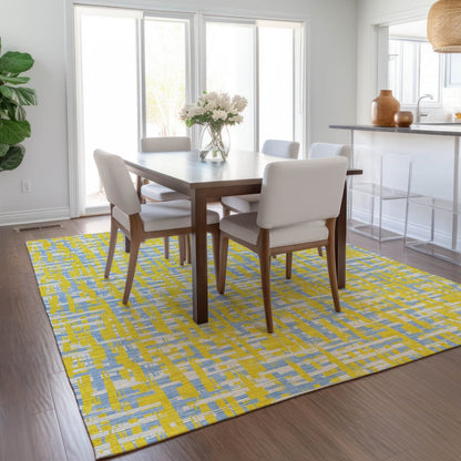 9' X 12' Yellow Denim Blue And Beige Abstract Washable Indoor Outdoor Area Rug