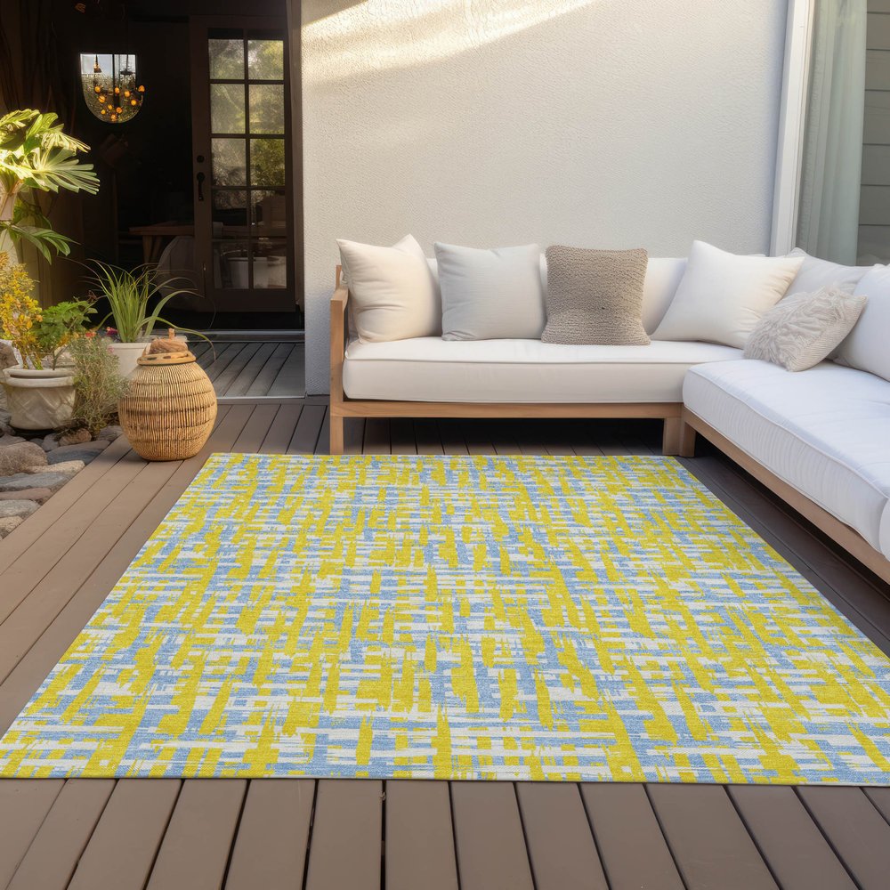 9' X 12' Yellow Denim Blue And Beige Abstract Washable Indoor Outdoor Area Rug