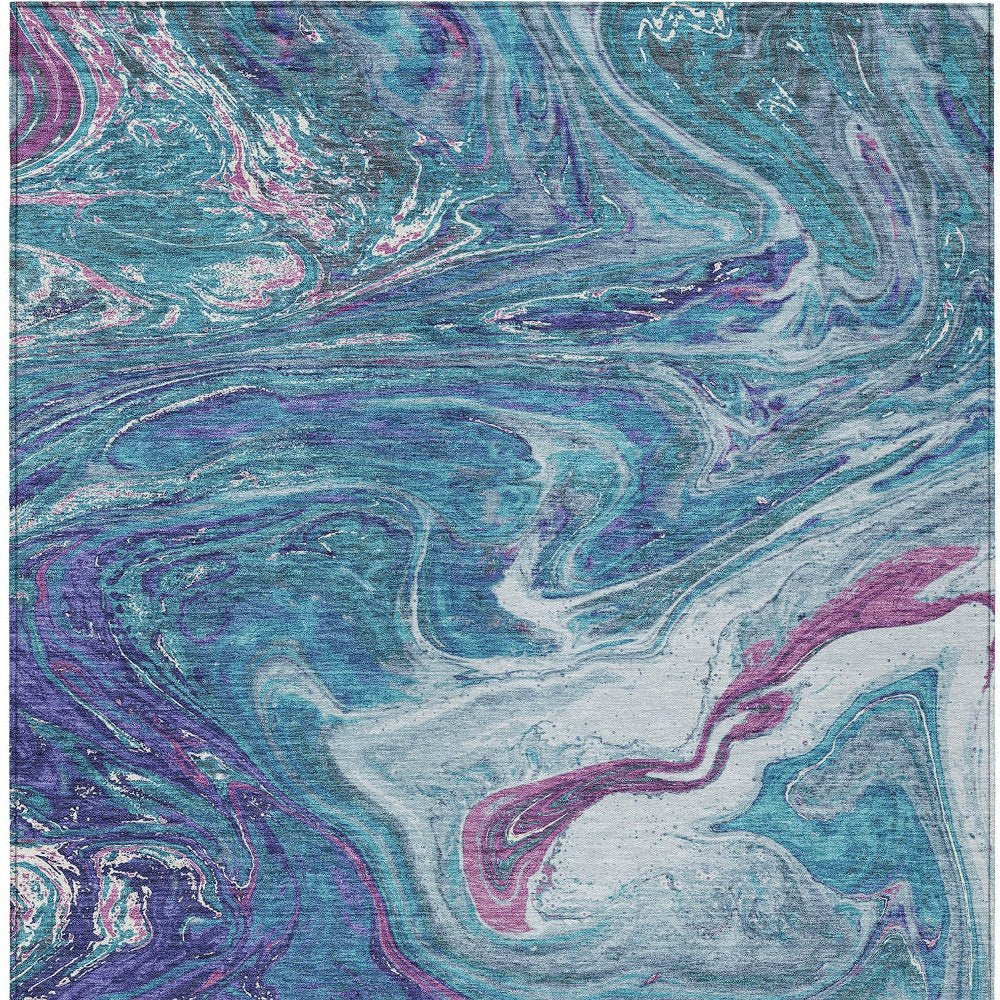 9' X 12' Teal Blue Purple And Pink Abstract Washable Indoor Outdoor Area Rug