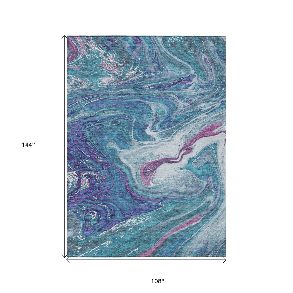 9' X 12' Teal Blue Purple And Pink Abstract Washable Indoor Outdoor Area Rug
