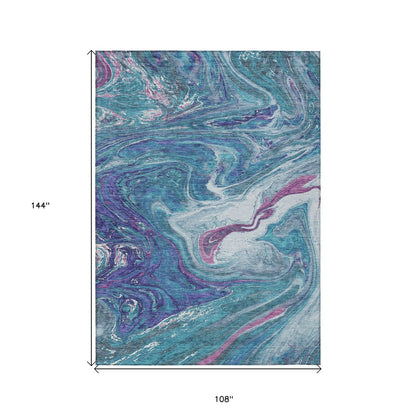 9' X 12' Teal Blue Purple And Pink Abstract Washable Indoor Outdoor Area Rug