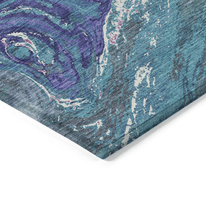 9' X 12' Teal Blue Purple And Pink Abstract Washable Indoor Outdoor Area Rug
