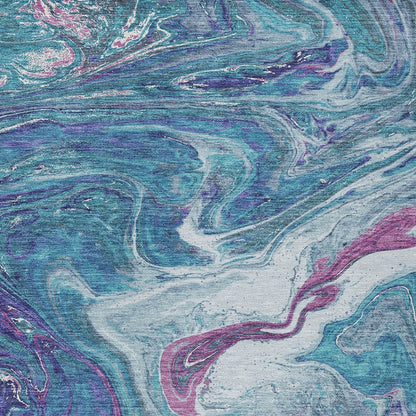 9' X 12' Teal Blue Purple And Pink Abstract Washable Indoor Outdoor Area Rug