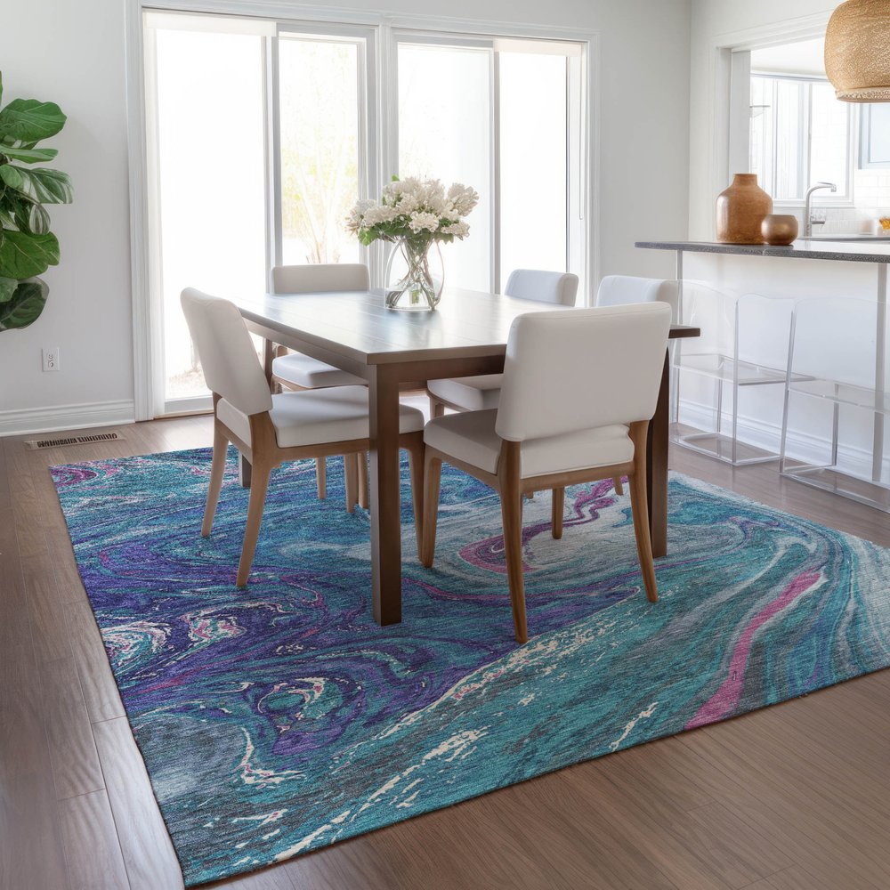 9' X 12' Teal Blue Purple And Pink Abstract Washable Indoor Outdoor Area Rug