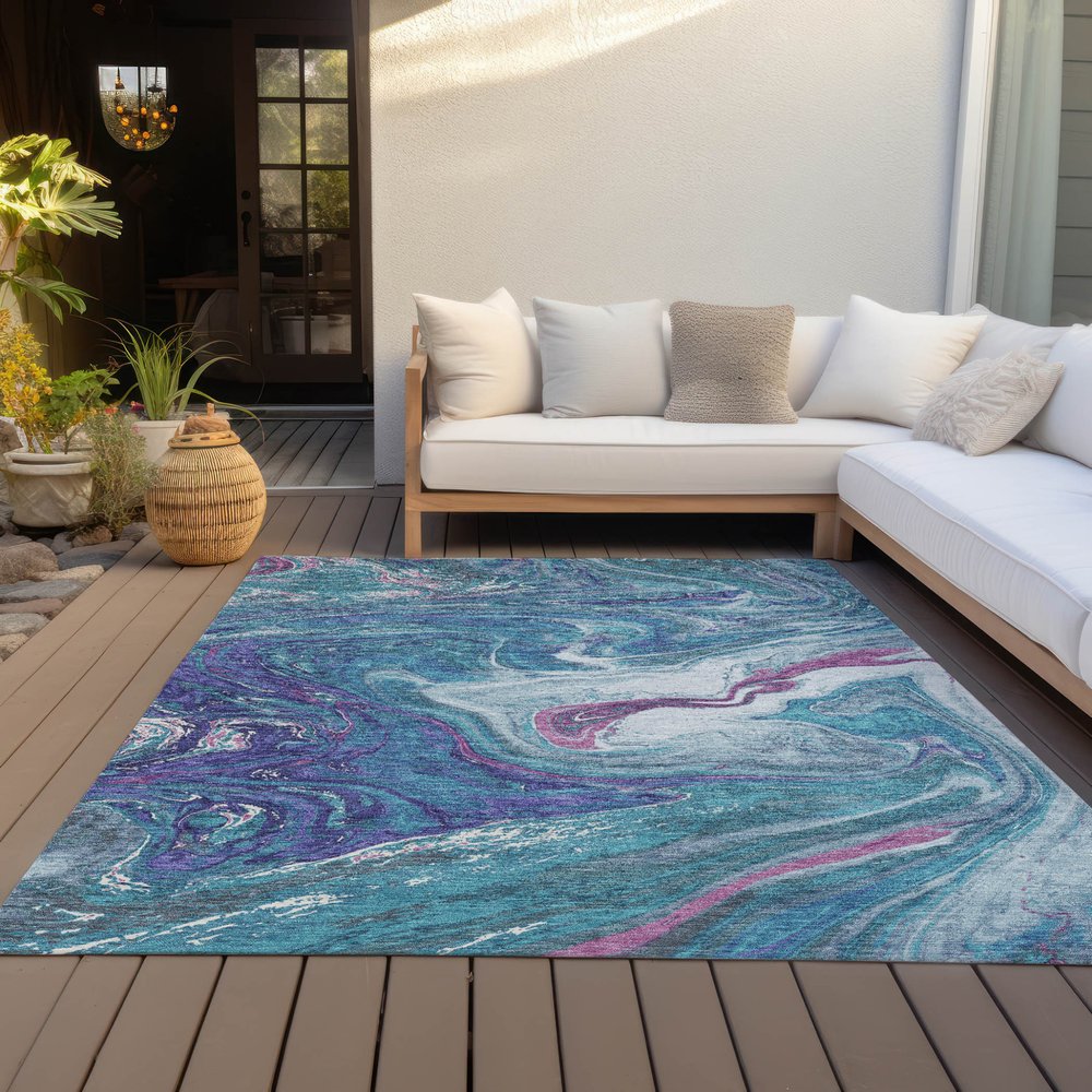 9' X 12' Teal Blue Purple And Pink Abstract Washable Indoor Outdoor Area Rug