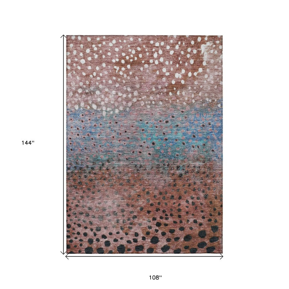 9' X 12' Terra Cotta Blue And Black Abstract Washable Indoor Outdoor Area Rug
