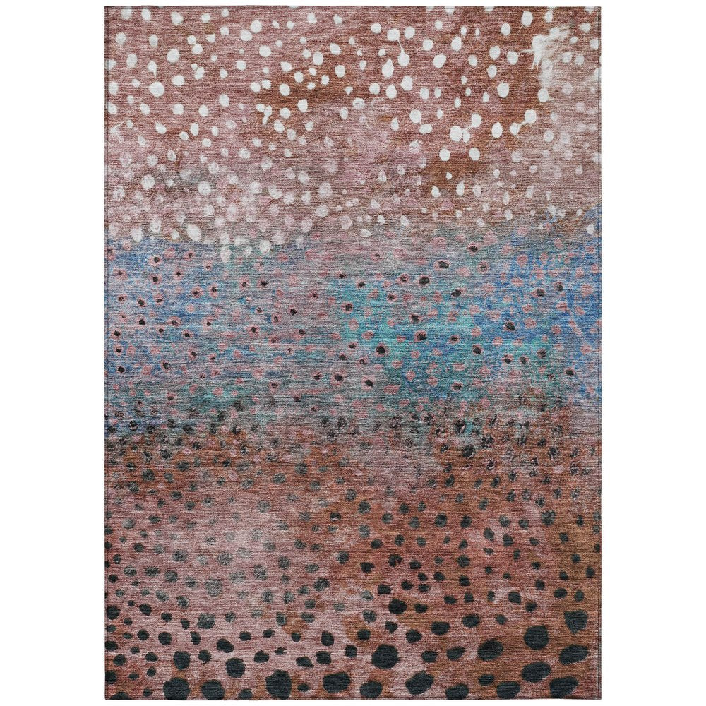 9' X 12' Terra Cotta Blue And Black Abstract Washable Indoor Outdoor Area Rug