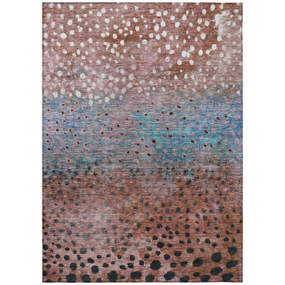 9' X 12' Terra Cotta Blue And Black Abstract Washable Indoor Outdoor Area Rug