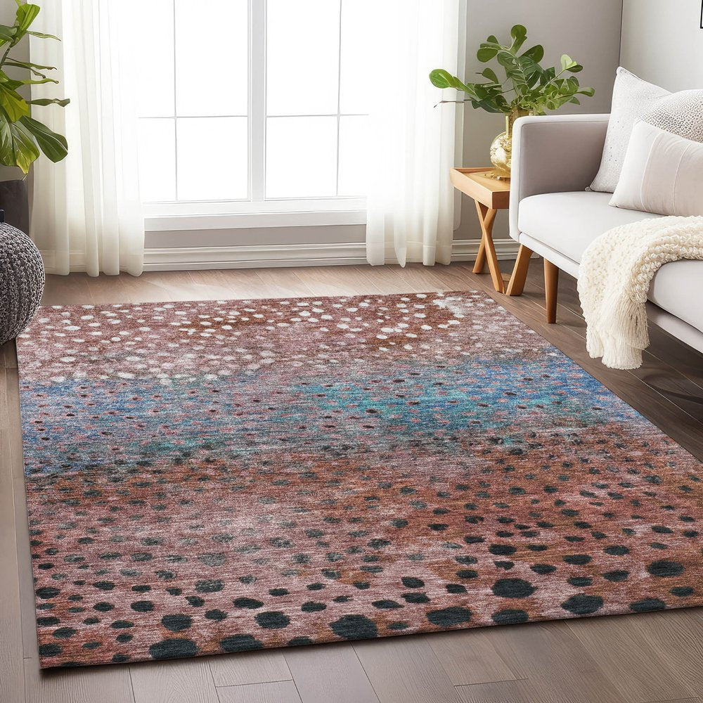 9' X 12' Terra Cotta Blue And Black Abstract Washable Indoor Outdoor Area Rug