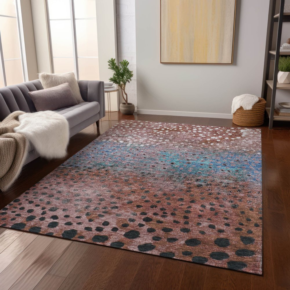 9' X 12' Terra Cotta Blue And Black Abstract Washable Indoor Outdoor Area Rug