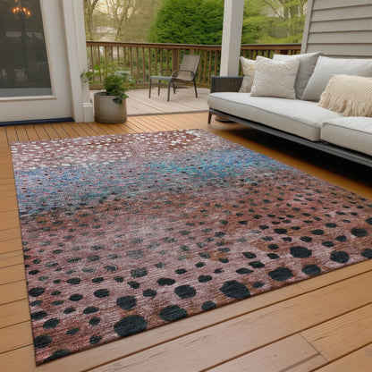 9' X 12' Terra Cotta Blue And Black Abstract Washable Indoor Outdoor Area Rug