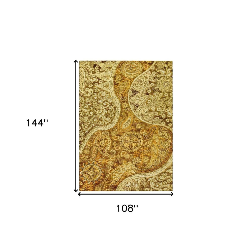 9' X 12' Terra Cotta Brown And Gold Floral Medallion Washable Indoor Outdoor Area Rug
