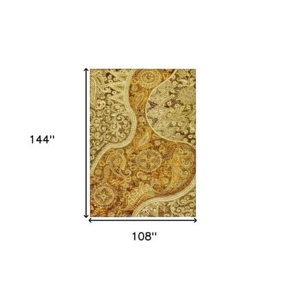 9' X 12' Terra Cotta Brown And Gold Floral Medallion Washable Indoor Outdoor Area Rug