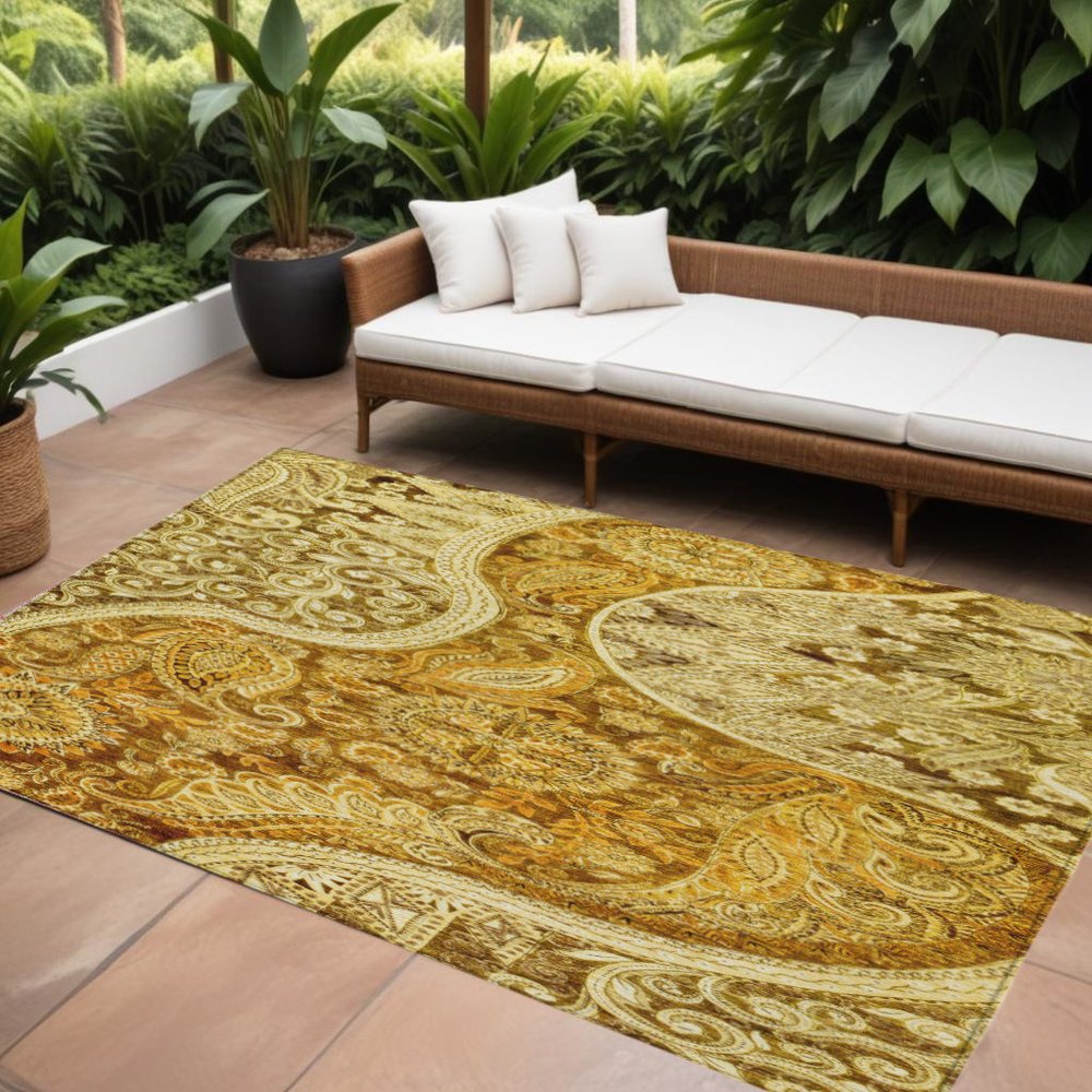 9' X 12' Terra Cotta Brown And Gold Floral Medallion Washable Indoor Outdoor Area Rug