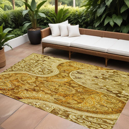 9' X 12' Terra Cotta Brown And Gold Floral Medallion Washable Indoor Outdoor Area Rug