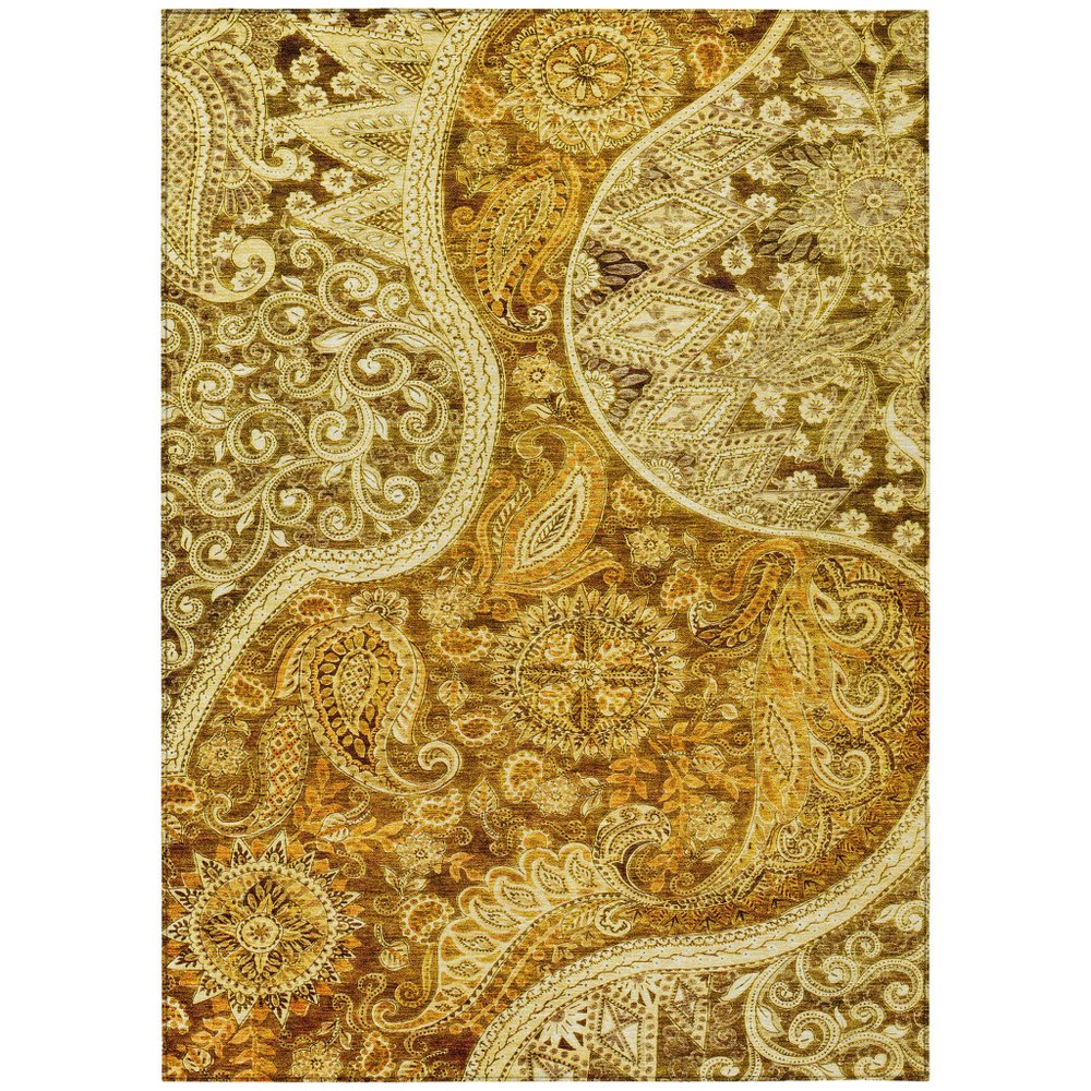 9' X 12' Terra Cotta Brown And Gold Floral Medallion Washable Indoor Outdoor Area Rug