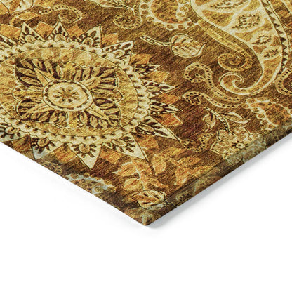 9' X 12' Terra Cotta Brown And Gold Floral Medallion Washable Indoor Outdoor Area Rug
