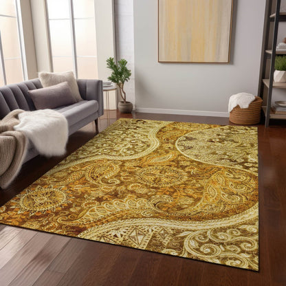 9' X 12' Terra Cotta Brown And Gold Floral Medallion Washable Indoor Outdoor Area Rug