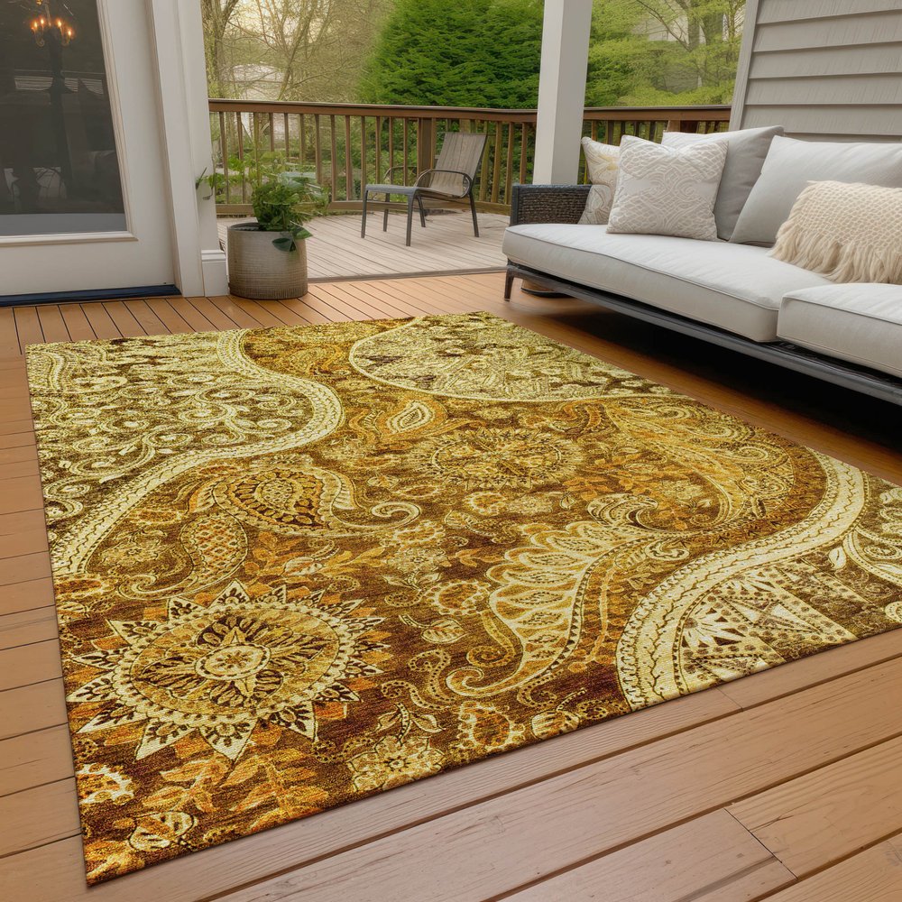 9' X 12' Terra Cotta Brown And Gold Floral Medallion Washable Indoor Outdoor Area Rug