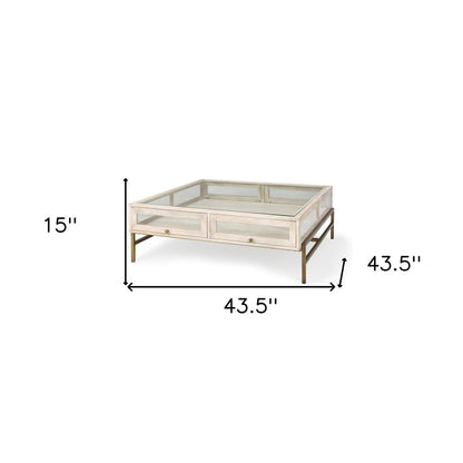 44" Off White Clear And Gold Solid Wood Glass And Iron Storage Coffee Table