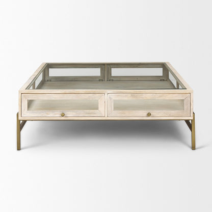 44" Off White Clear And Gold Solid Wood Glass And Iron Storage Coffee Table