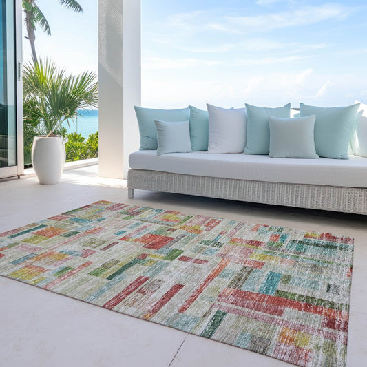 9' X 12' Terra Cotta Green And Brown Striped Washable Indoor Outdoor Area Rug
