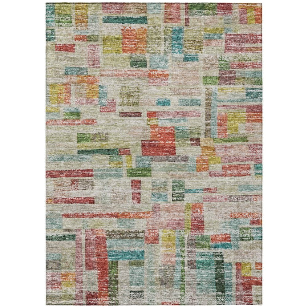 9' X 12' Terra Cotta Green And Brown Striped Washable Indoor Outdoor Area Rug