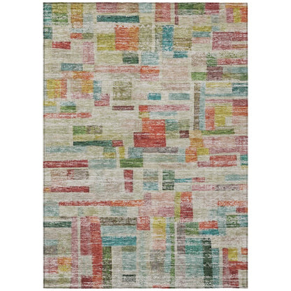9' X 12' Terra Cotta Green And Brown Striped Washable Indoor Outdoor Area Rug