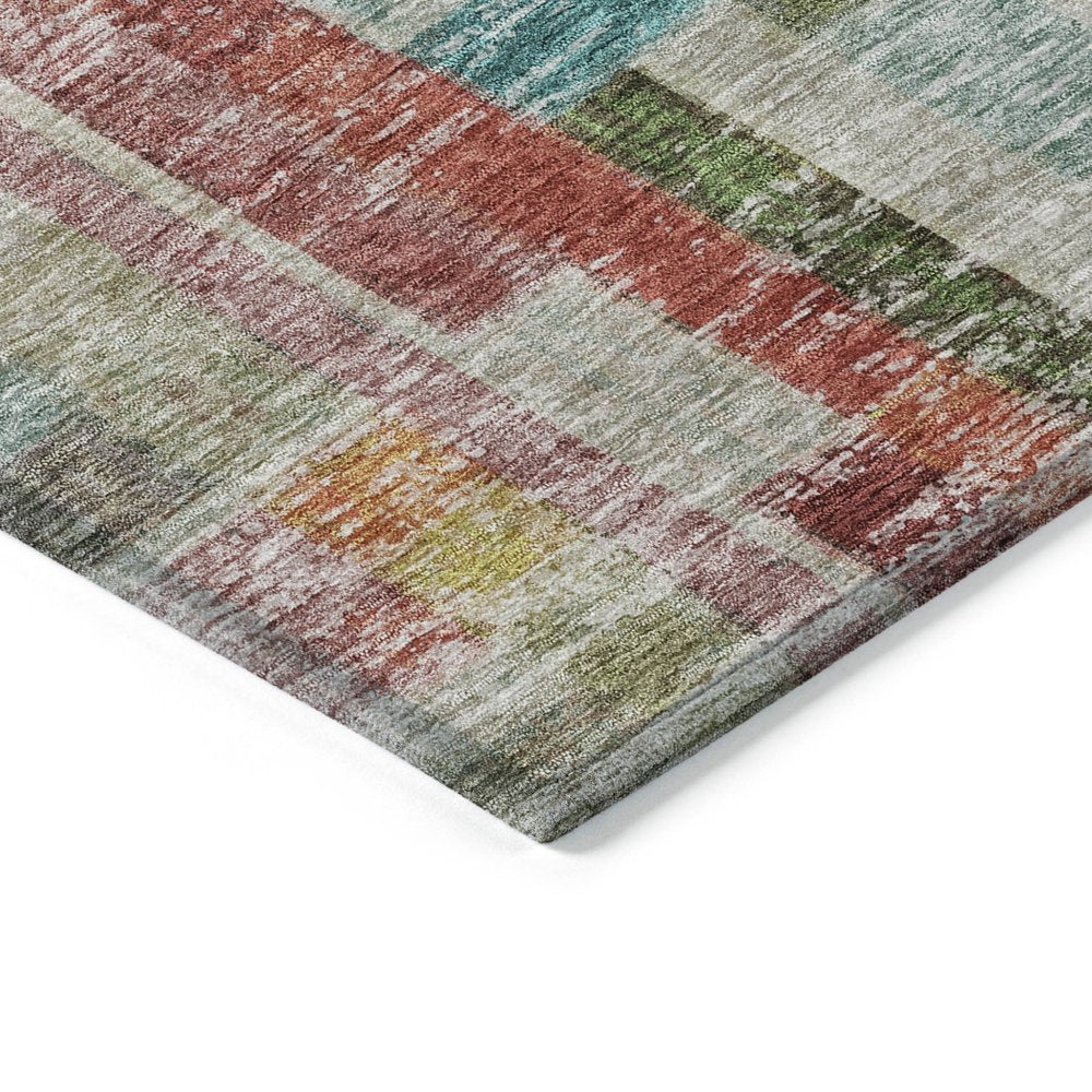 9' X 12' Terra Cotta Green And Brown Striped Washable Indoor Outdoor Area Rug